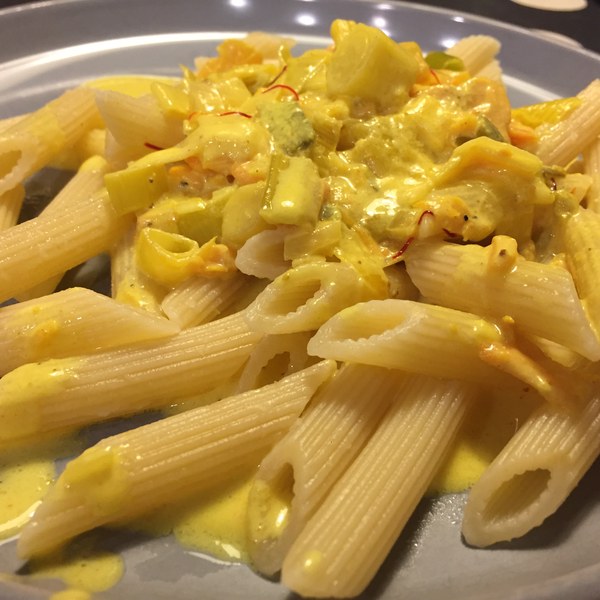 Pasta with salmon saffron and leeks